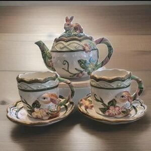Hand-Painted Bunny Tea Set in White, Green and Pink - 3-Piece Serveware